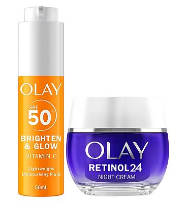 Olay Vitamin C Brighten & Glow 3in1 Moisturiser Face Fluid SPF50+ Hydrating Primer 50ml & Retinol 24 Night Cream 50ml Bundle