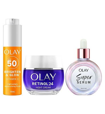 Olay Vitamin C Face Fluid SPF50, Super Serum Hydrating Face Serum 50ml & Olay Retinol 24 Night Cream 50ml Bundle
