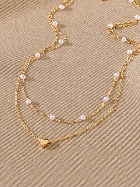 2pcs Heart-Shaped Pearl Pendant Necklace Set