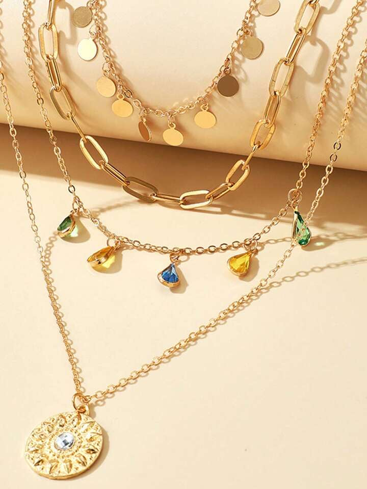 1pc Geometric Circle Tassel Necklace, Alloy Ring Rhinestone Tassel Uneven Circle Pendant 4 Layer Chain