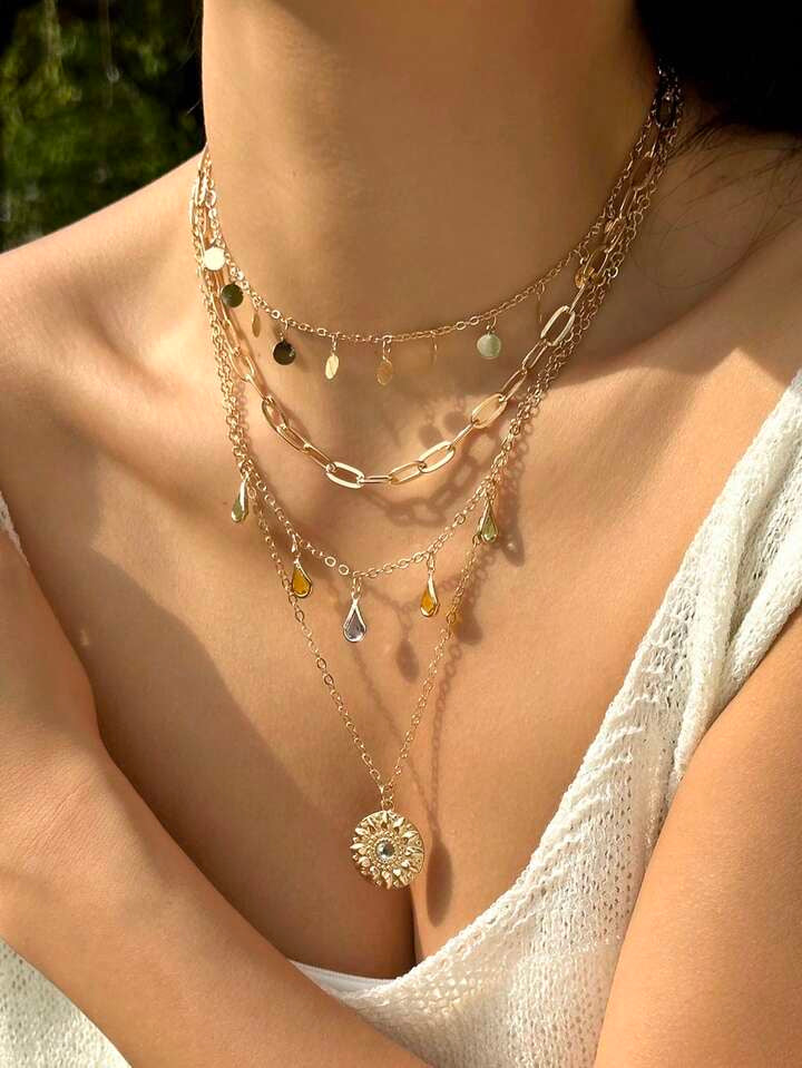 1pc Geometric Circle Tassel Necklace, Alloy Ring Rhinestone Tassel Uneven Circle Pendant 4 Layer Chain
