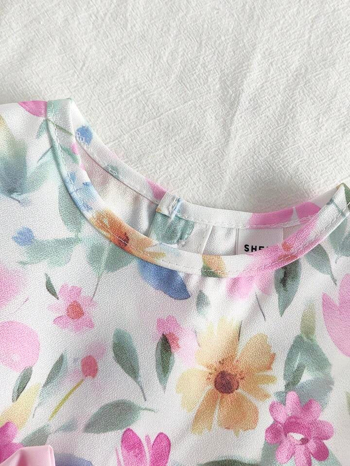 Souflis Souflis Baby Girl Spring/Summer Floral Watercolor Print Cinched Waist Bow Sleeveless Princess Dress,