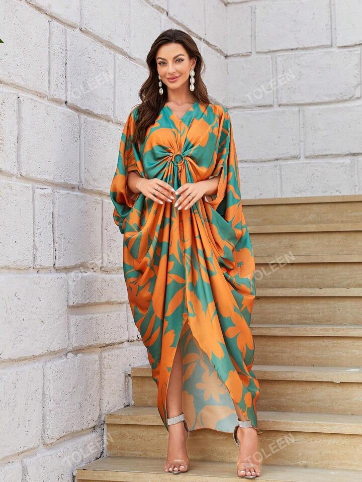 Floral Print Batwing Sleeve Modest Long Sleeve Dress Kaftan Arabian Dress