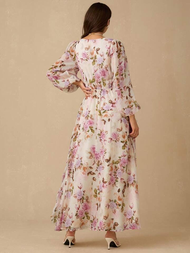 Enchnt Spring/Summer Romantic Women's Apricot&Purple ROSE Print Deep V-Neck Long Sleeve Ruffled Maxi Dress