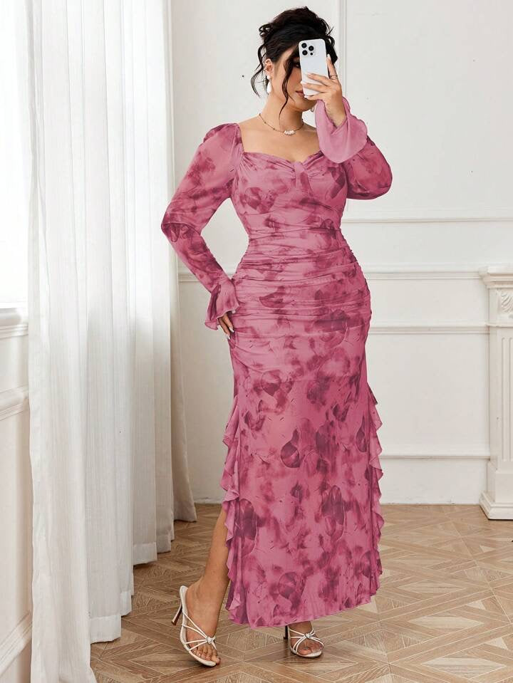 Modelyn Plus Size Women Floral Print Ruffles Slit Hem Elegant Dress