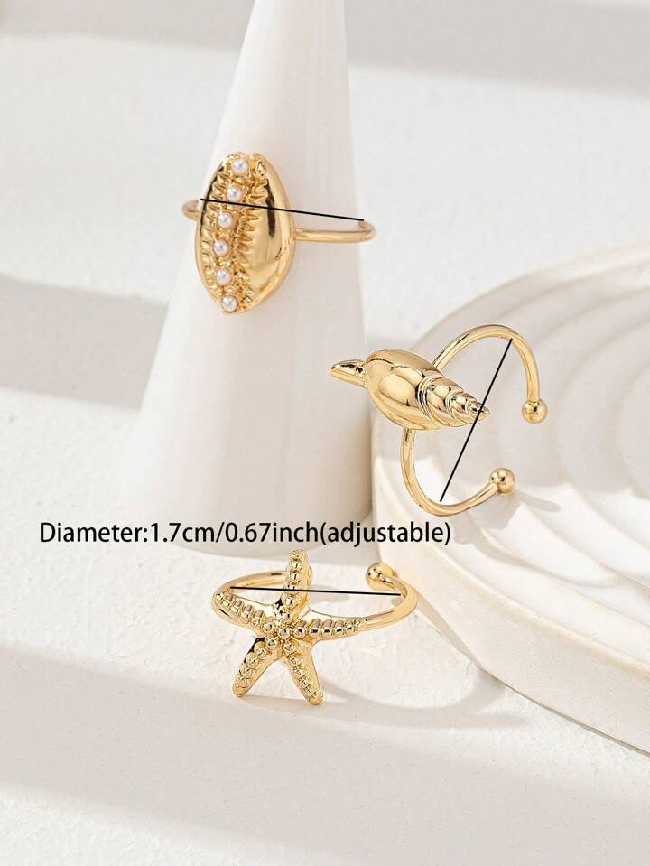 3 Pcs Summer Beach Rings Set Starfish Ring Jewelry Sea Shell Ring For Women
