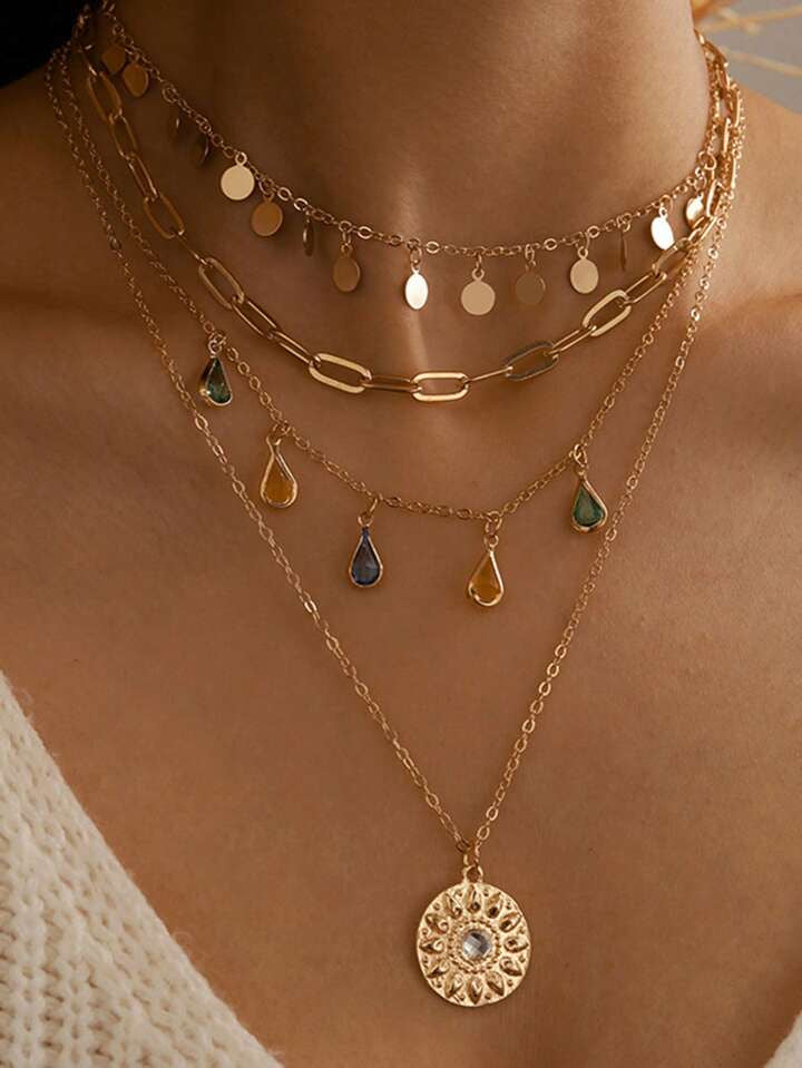1pc Geometric Circle Tassel Necklace, Alloy Ring Rhinestone Tassel Uneven Circle Pendant 4 Layer Chain