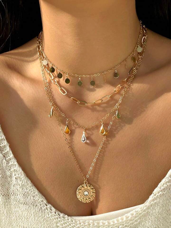 1pc Geometric Circle Tassel Necklace, Alloy Ring Rhinestone Tassel Uneven Circle Pendant 4 Layer Chain