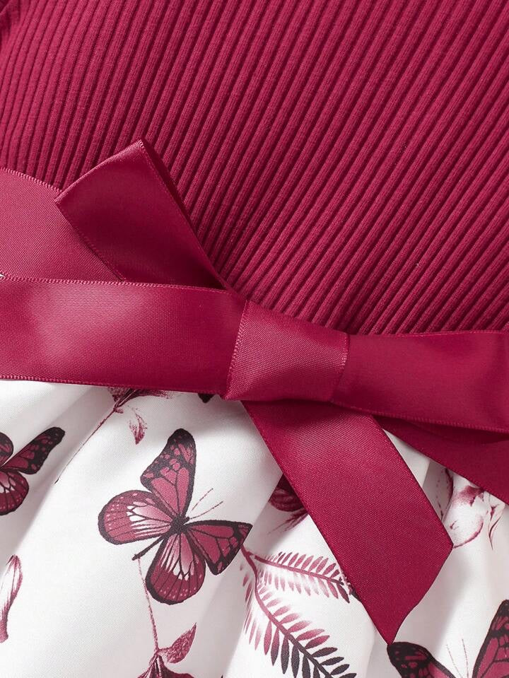 SHEIN Baby Girls Casual Everyday All-Match Cute Butterfly Print Dress With Belt