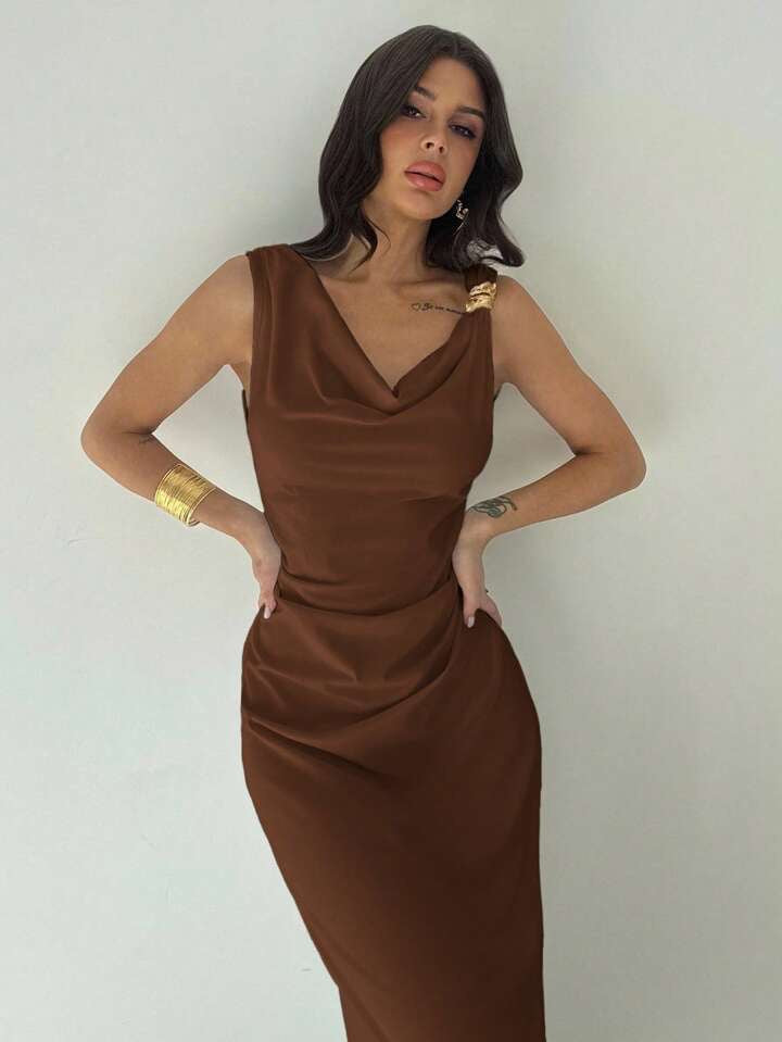 Firerie White Shoulder Strap Ruffle Waist Midi Dress For Women