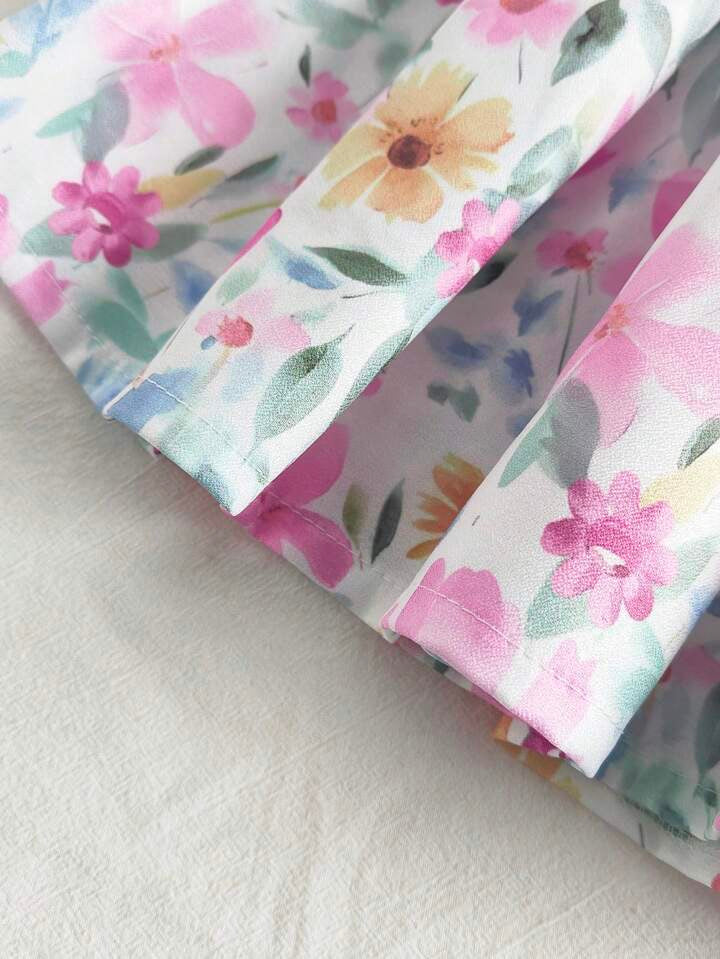 Souflis Souflis Baby Girl Spring/Summer Floral Watercolor Print Cinched Waist Bow Sleeveless Princess Dress,