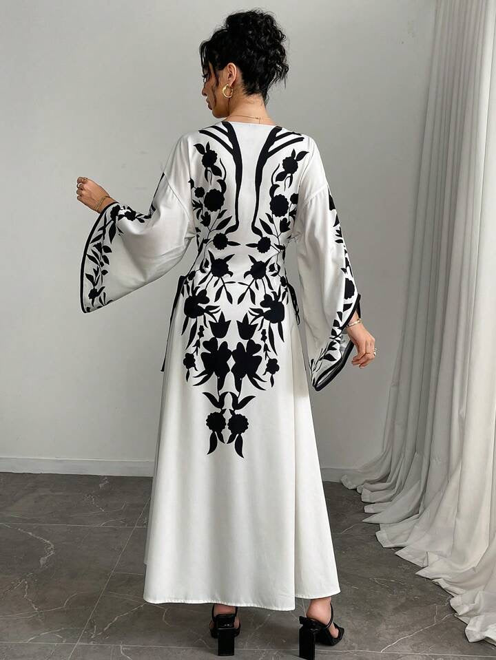 Yasmyna Women Elegant Floral Print Cross-Tie Side Bell Sleeve Dress