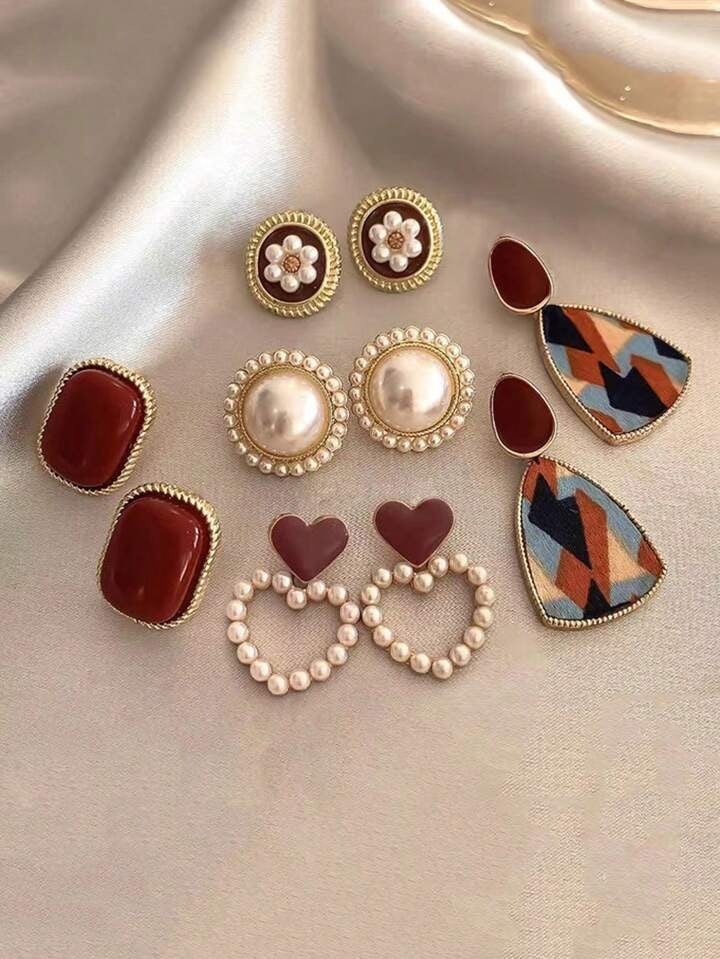 5pcs Retro Faux Pearl Flower Hollow Heart Shaped Two-Tone Luxury & Unique Ear Studs Earrings Set