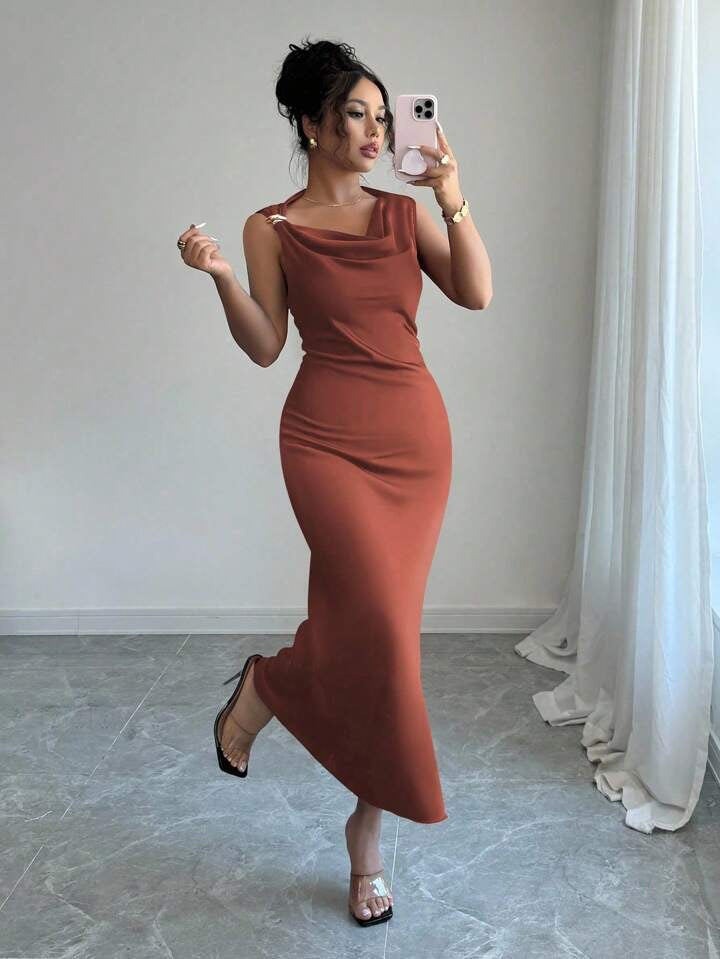 Elenzga Elegant Solid Color Sleeveless Long Dress