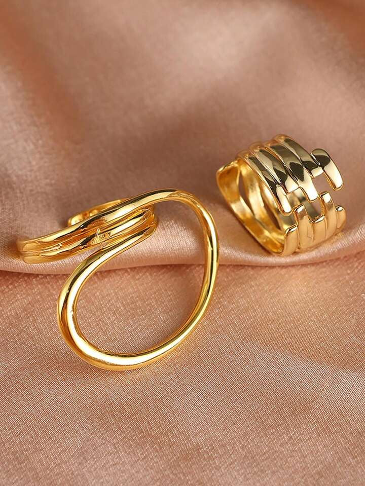 2pcs/Set Spiral Multilayer Chunky Geometric Hollow Twist Open Joint Ring Set