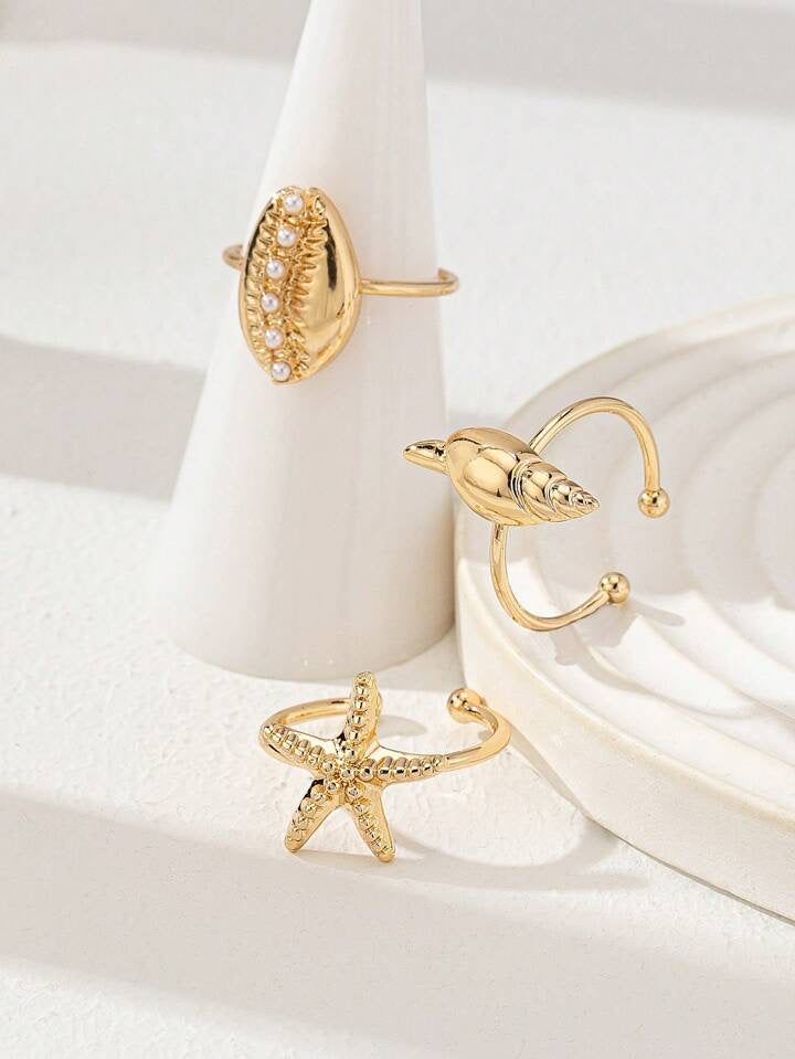 3 Pcs Summer Beach Rings Set Starfish Ring Jewelry Sea Shell Ring For Women