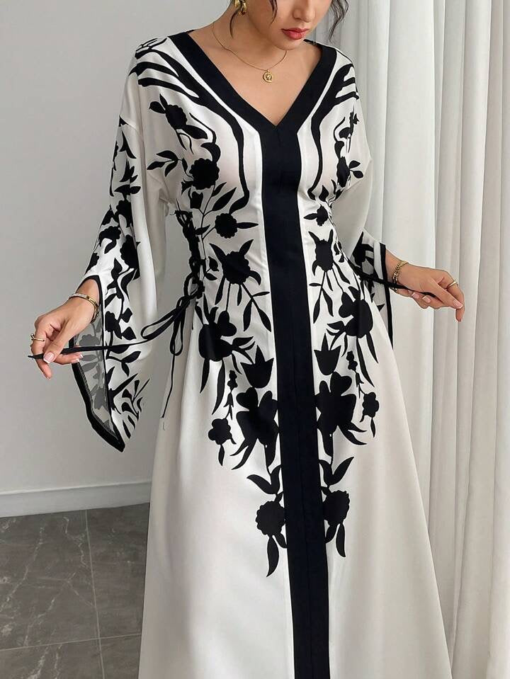Yasmyna Women Elegant Floral Print Cross-Tie Side Bell Sleeve Dress