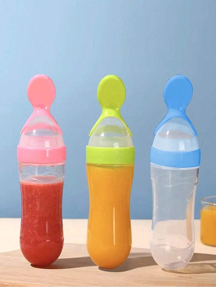90ml/3oz Round Bottom Baby Silicone Bottle With Spoon & Dust Cover (1pc)