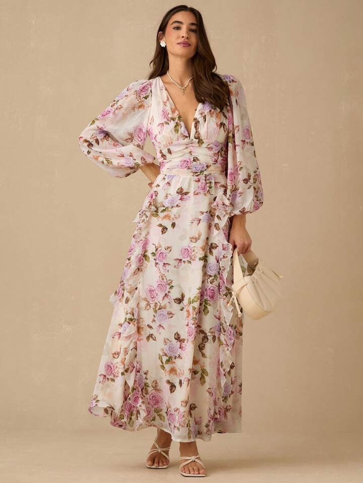 Enchnt Spring/Summer Romantic Women's Apricot&Purple ROSE Print Deep V-Neck Long Sleeve Ruffled Maxi Dress