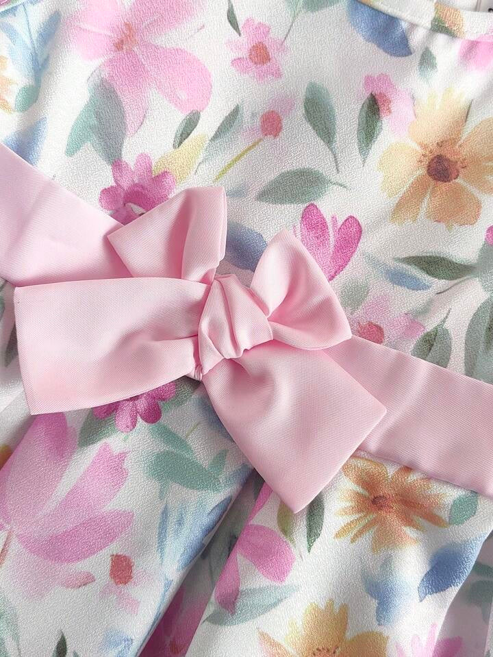 Souflis Souflis Baby Girl Spring/Summer Floral Watercolor Print Cinched Waist Bow Sleeveless Princess Dress,