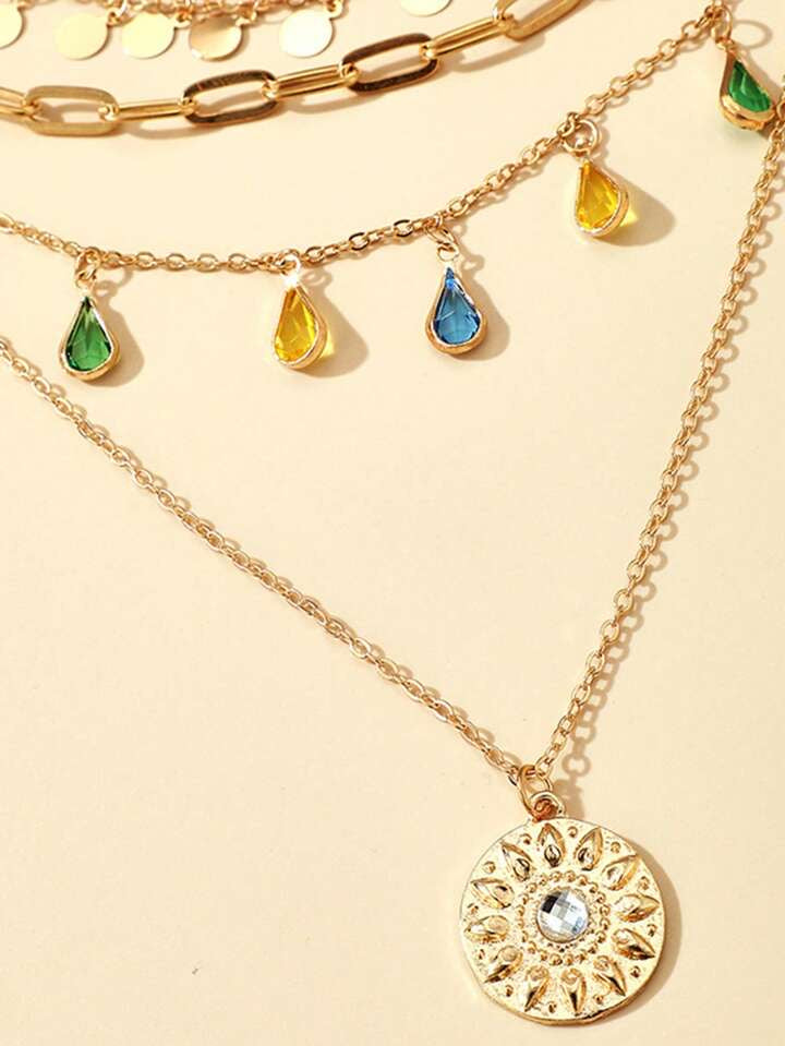 1pc Geometric Circle Tassel Necklace, Alloy Ring Rhinestone Tassel Uneven Circle Pendant 4 Layer Chain