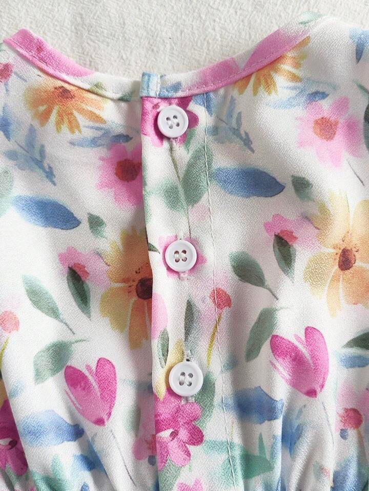 Souflis Souflis Baby Girl Spring/Summer Floral Watercolor Print Cinched Waist Bow Sleeveless Princess Dress,