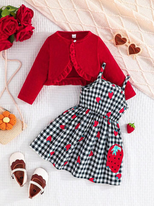2pcs/Set Newborn Baby Girl Ruffle Collar Jacket & Strawberry Print Suspender Dress Set