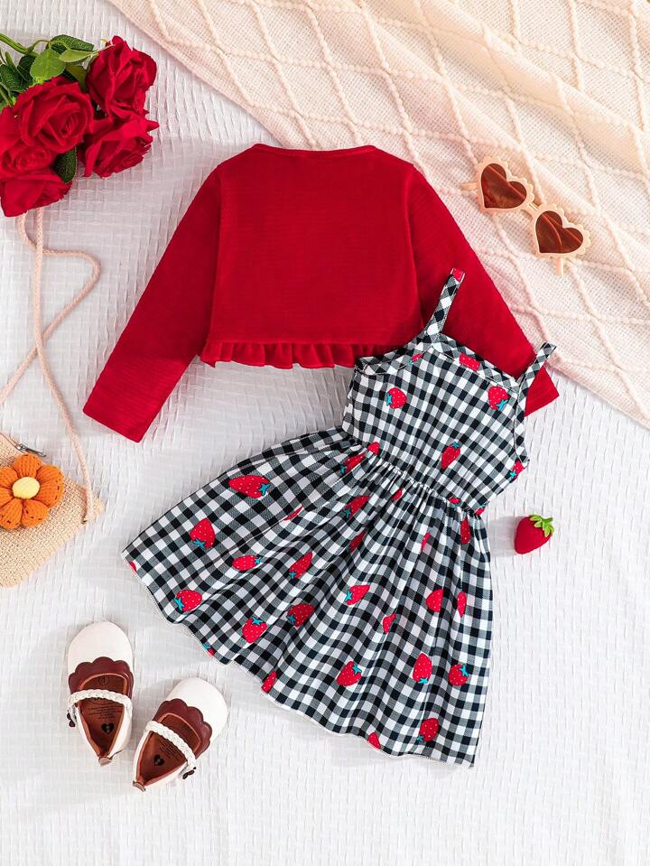 2pcs/Set Newborn Baby Girl Ruffle Collar Jacket & Strawberry Print Suspender Dress Set