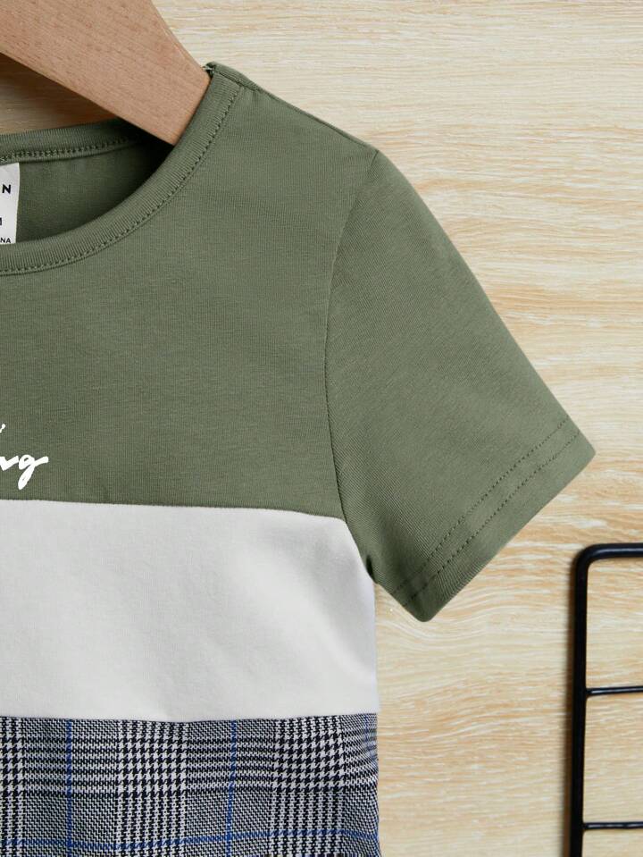 Baby Boy Crew Neck Contrast Color Block Plaid Short Sleeve Top And Shorts Set