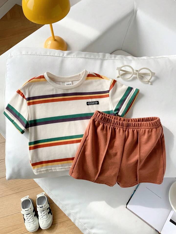SHEIN 2pcs Baby Boy Cute Striped Short Sleeve Top And Elastic Waist Shorts Set