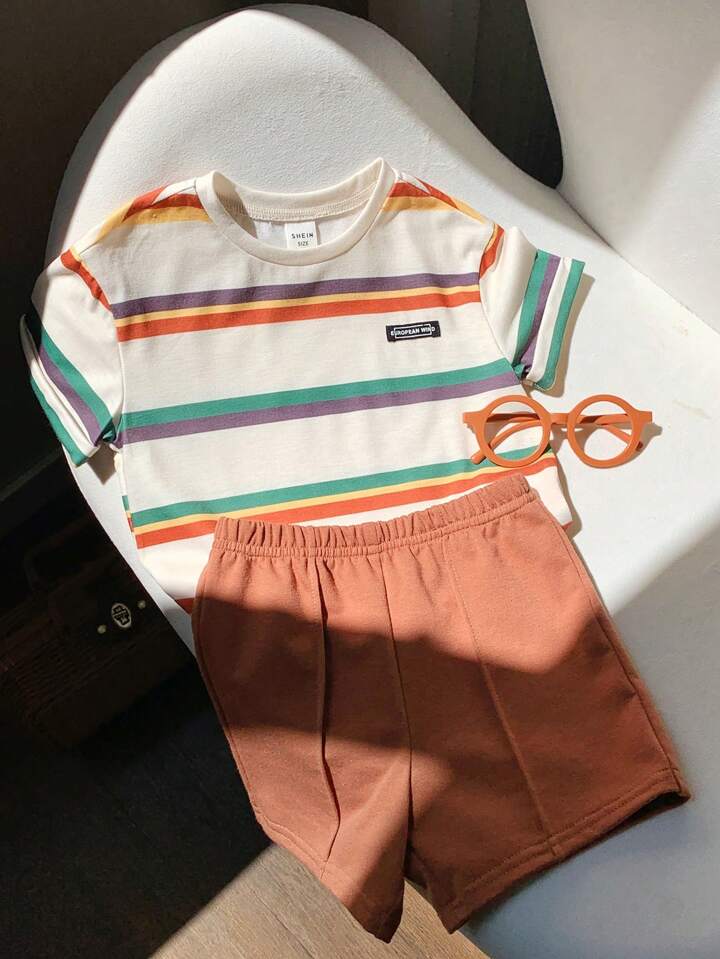 SHEIN 2pcs Baby Boy Cute Striped Short Sleeve Top And Elastic Waist Shorts Set