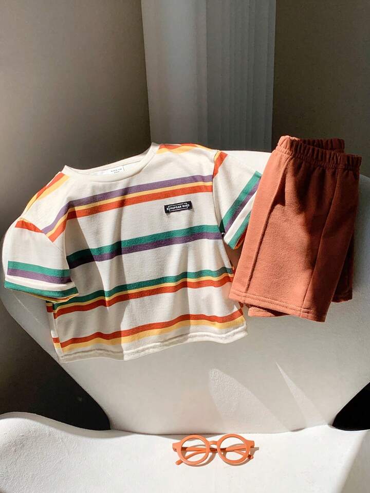 SHEIN 2pcs Baby Boy Cute Striped Short Sleeve Top And Elastic Waist Shorts Set