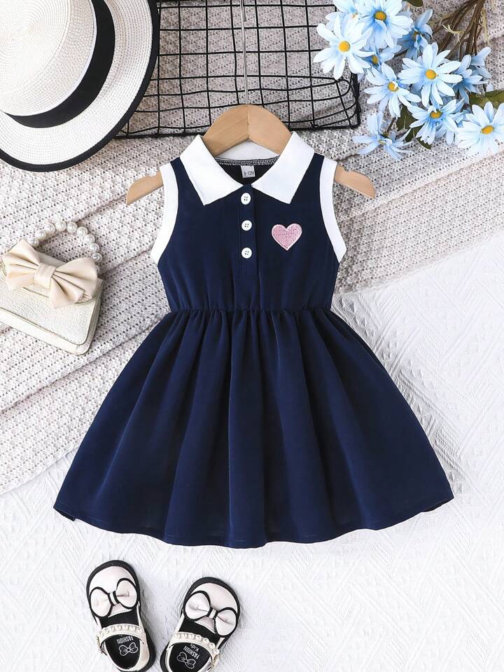 Baby Girl's Fashion Heart Embroidery Sleeveless Lapel Open Front Casual Everyday Dress