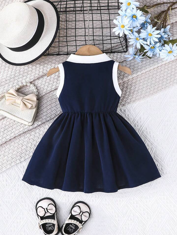 Baby Girl's Fashion Heart Embroidery Sleeveless Lapel Open Front Casual Everyday Dress