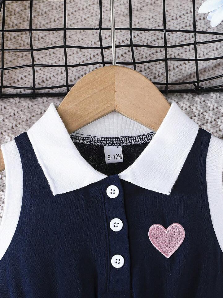 Baby Girl's Fashion Heart Embroidery Sleeveless Lapel Open Front Casual Everyday Dress
