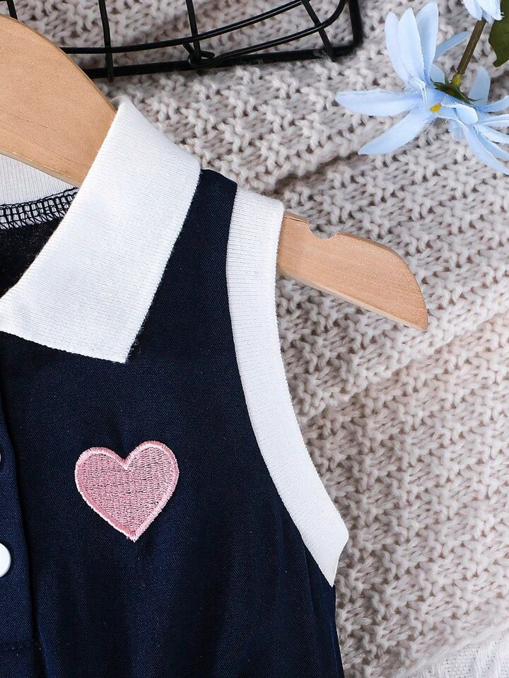 Baby Girl's Fashion Heart Embroidery Sleeveless Lapel Open Front Casual Everyday Dress