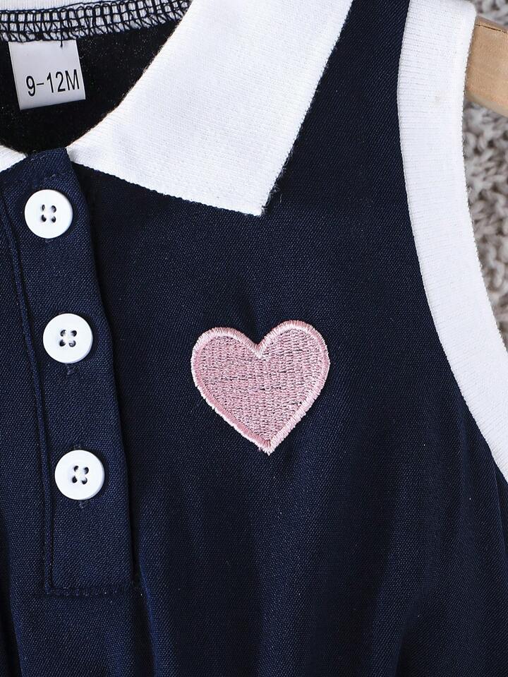 Baby Girl's Fashion Heart Embroidery Sleeveless Lapel Open Front Casual Everyday Dress