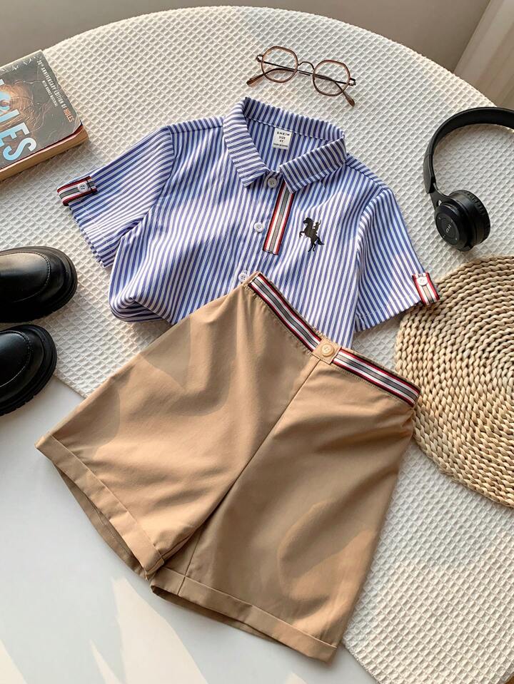 SHEIN Young Boy 2pcs/Set Value Bundle Casual Sports Preppy Colorful Stripe Trim Polo Collar Short Sleeve Shirt And Khaki Woven Shorts