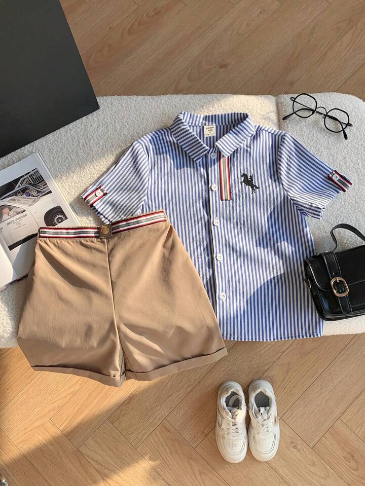 SHEIN Young Boy 2pcs/Set Value Bundle Casual Sports Preppy Colorful Stripe Trim Polo Collar Short Sleeve Shirt And Khaki Woven Shorts