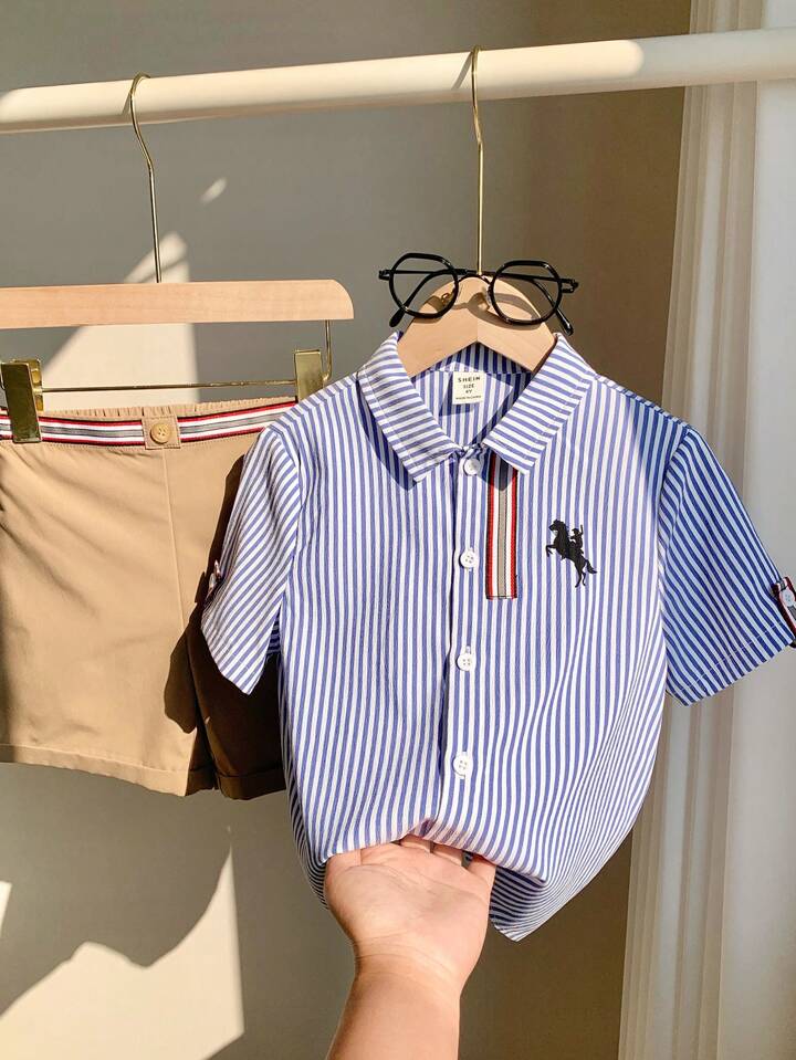 SHEIN Young Boy 2pcs/Set Value Bundle Casual Sports Preppy Colorful Stripe Trim Polo Collar Short Sleeve Shirt And Khaki Woven Shorts