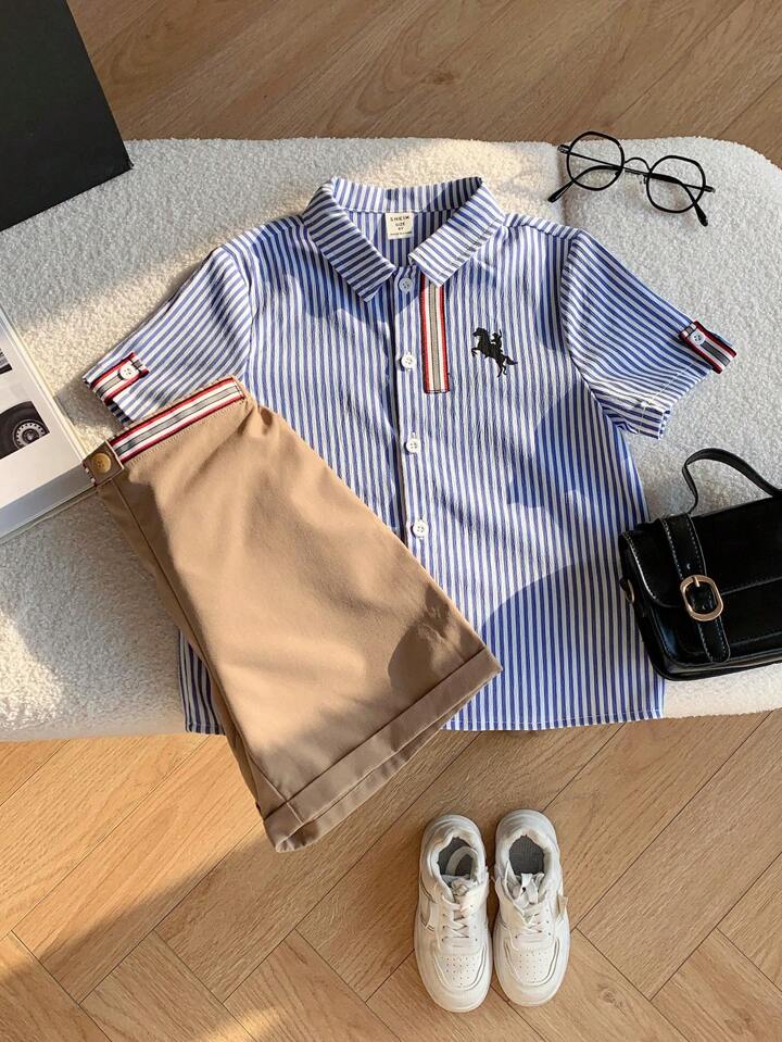 SHEIN Young Boy 2pcs/Set Value Bundle Casual Sports Preppy Colorful Stripe Trim Polo Collar Short Sleeve Shirt And Khaki Woven Shorts