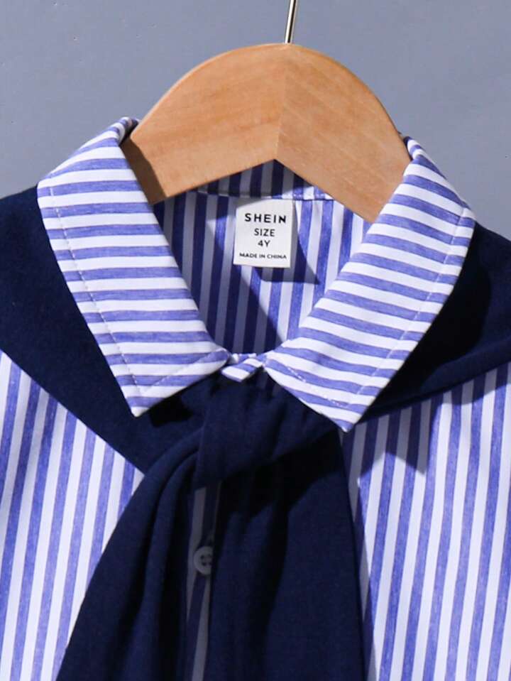 SHEIN 4pcs Set Young Boy Summer Cute Striped Short Sleeve Shirt, Elastic Waist Shorts, Cape, With Belt