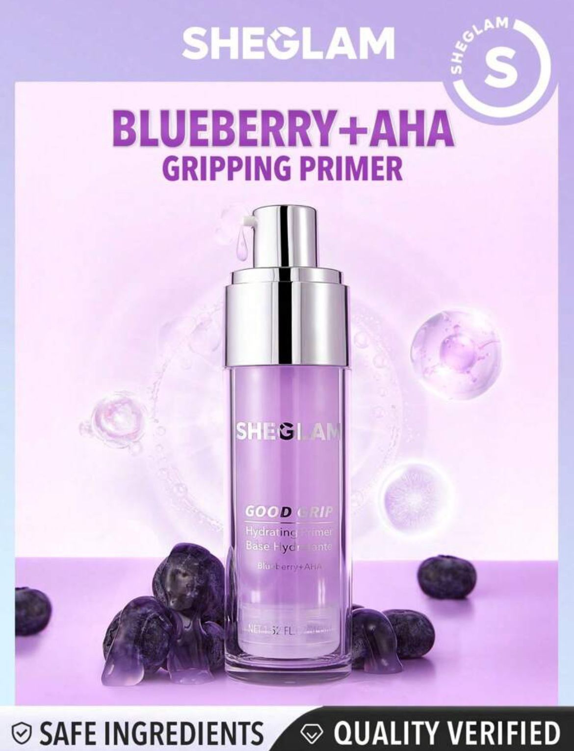 SHEGLAM Good Grip Hydrating Primer-Blueberry + Aha Oil Control Moisturizing Blueberry Primer Gel Smooth Fine Lines Oil And Silicone-Free Face Primer