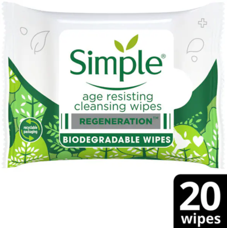 Simple Age Resisting Biodegradable Facial Wipes 20 Wipes