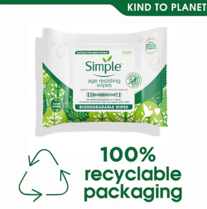 Simple Age Resisting Biodegradable Facial Wipes 20 Wipes