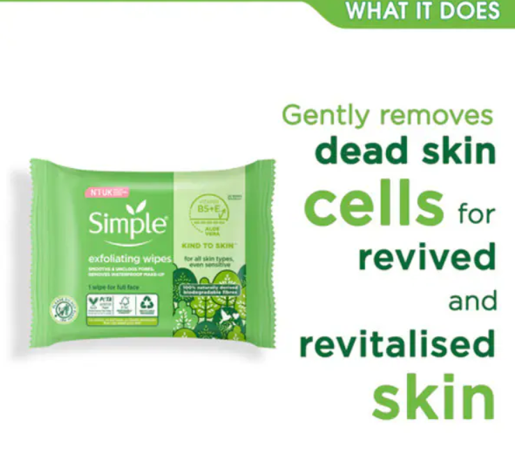 Simple Kind to Skin Biodegradable Exfoliating Wipes 20pc