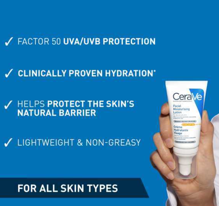 Cerave AM Facial Moisturiser SPF50 Normal to Dry Skin 52ml