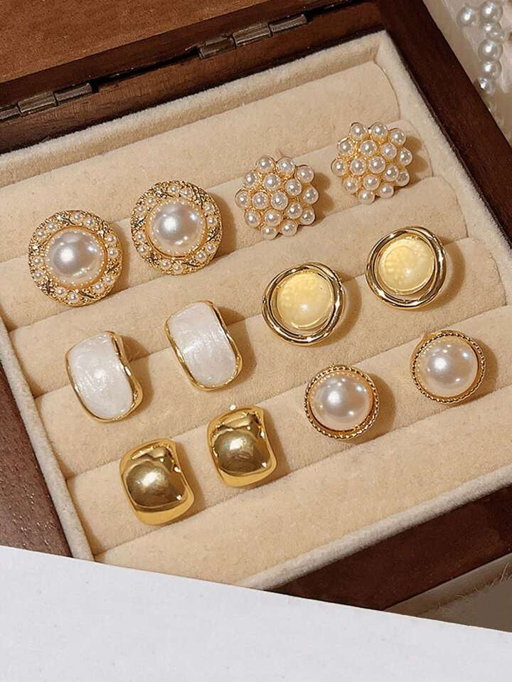 6pcs Set Retro Smooth Surface Hong Kong Style Round Pearl Charm Cat Eye Earrings