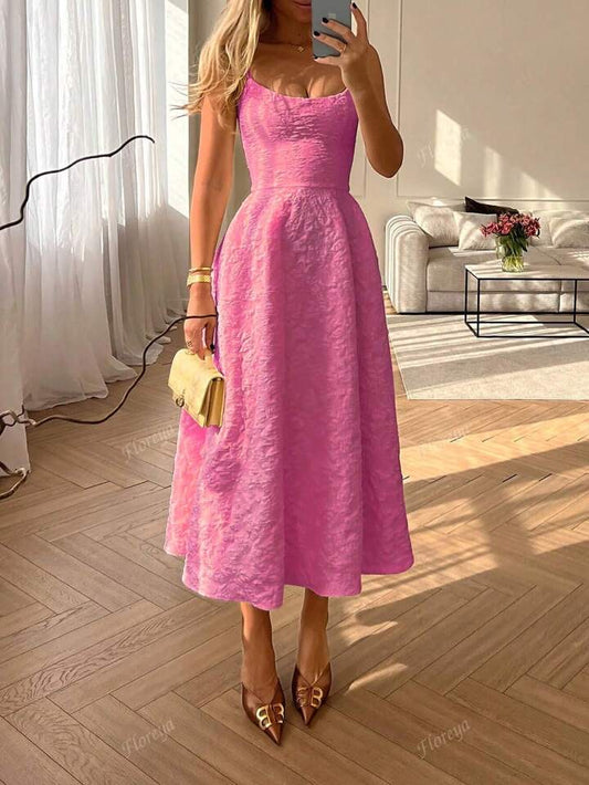 Floreya Summer Wedding Elegant Solid Color French Chic Quality Waist-Cinched Slim Fit Sling Midi Dress