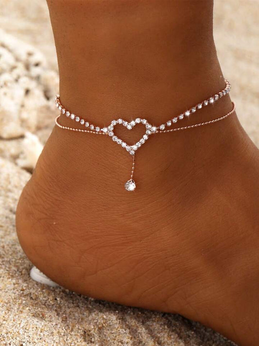 1pc Exquisite And Fashionable Multi-Layer Openwork Heart-Shaped Teardrop Pendant Anklet